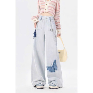   Sẵn + Hoả tốc  Xiaoluu | Quần jeans cạp cao ống rộng có họa tiết hình con bướm X16 