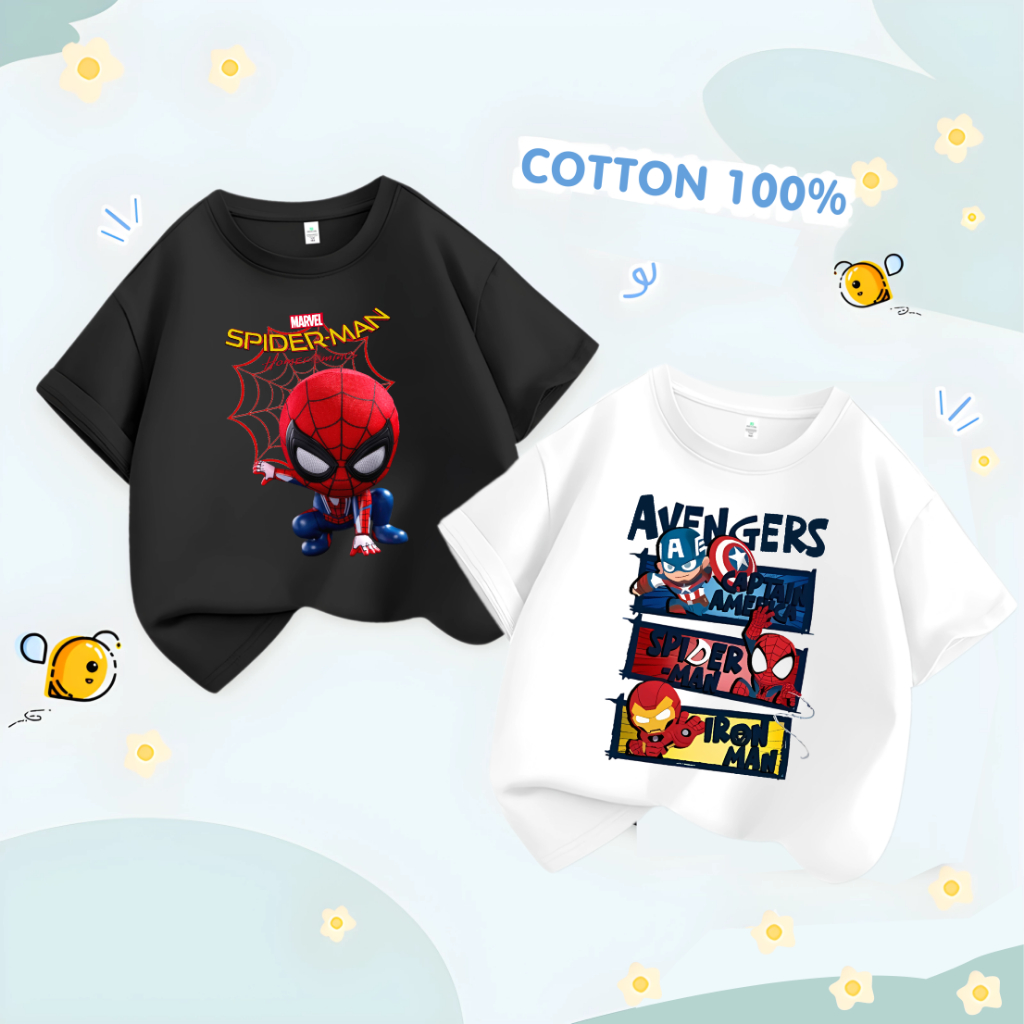 Áo thun siêu nhân bé trai SpiderMan | BatMan | Marvel's Avengers 2 màu trắng đen cotton 100%