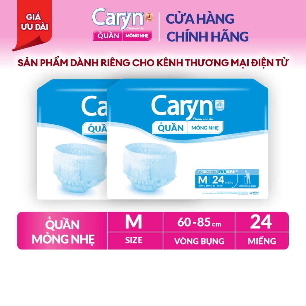 [V] Bộ 2 Tã/Bỉm Quần Người Lớn Caryn Mỏng Thoáng Chống Tràn Dành Cho Người Già Có Thể Tự Đi Lại Size M/L/XL