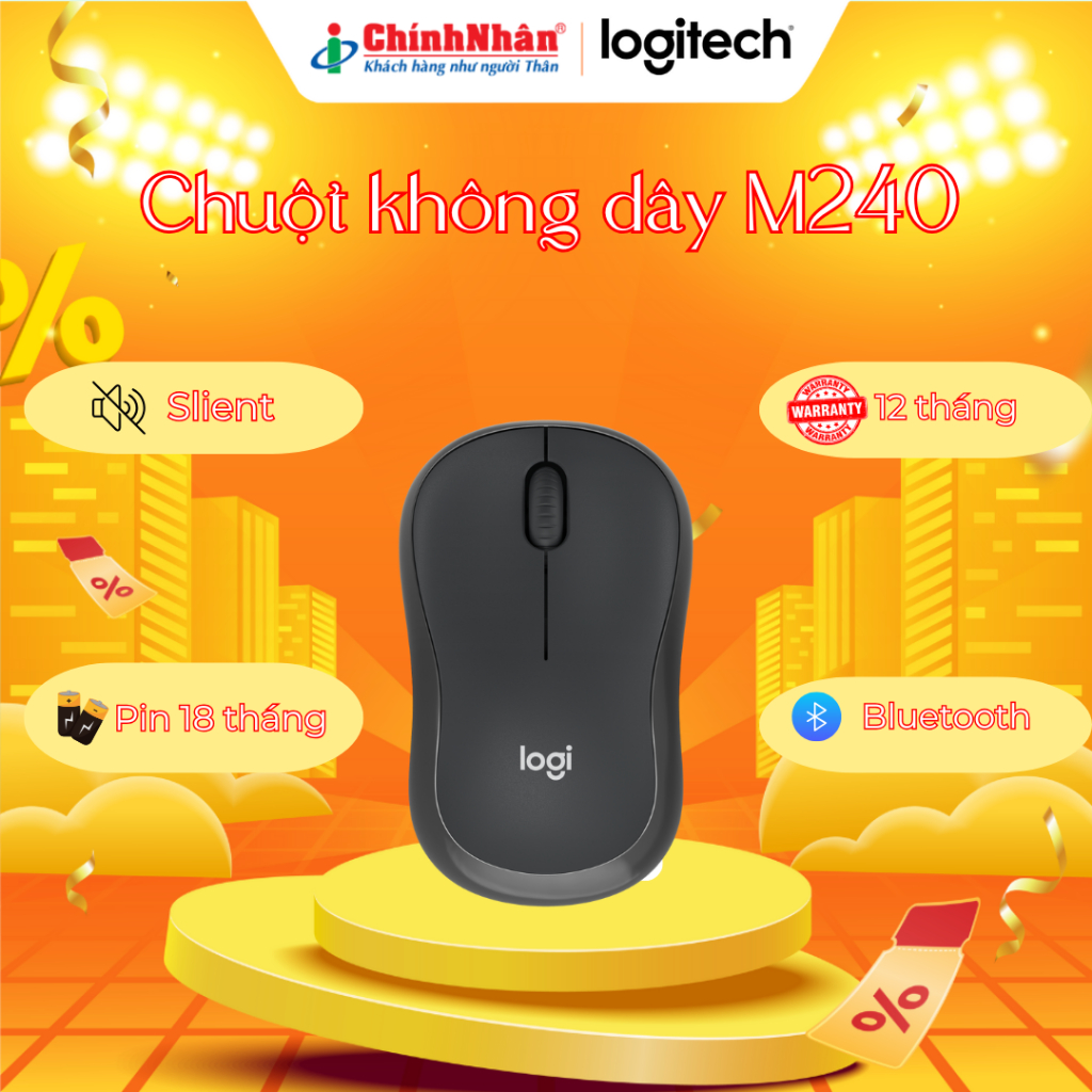 Chuột Logitech M240 màu đen silent - Không dây, Nhỏ gọn, Tương thích Windows, macOS, ChromeOS