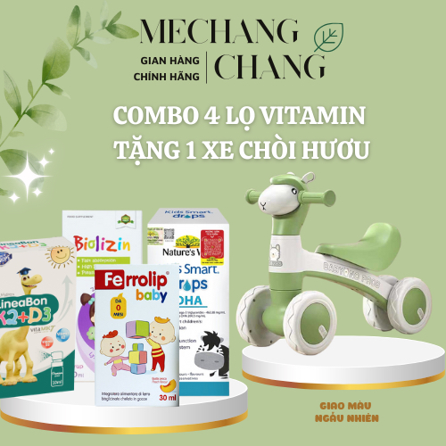 [TẶNG XE CHÒI HƯƠU] Combo 1 kẽm biolizin, sắt Ferrolip baby, 1 xịt d3k2 Lineabon và 1 dha Nature's w