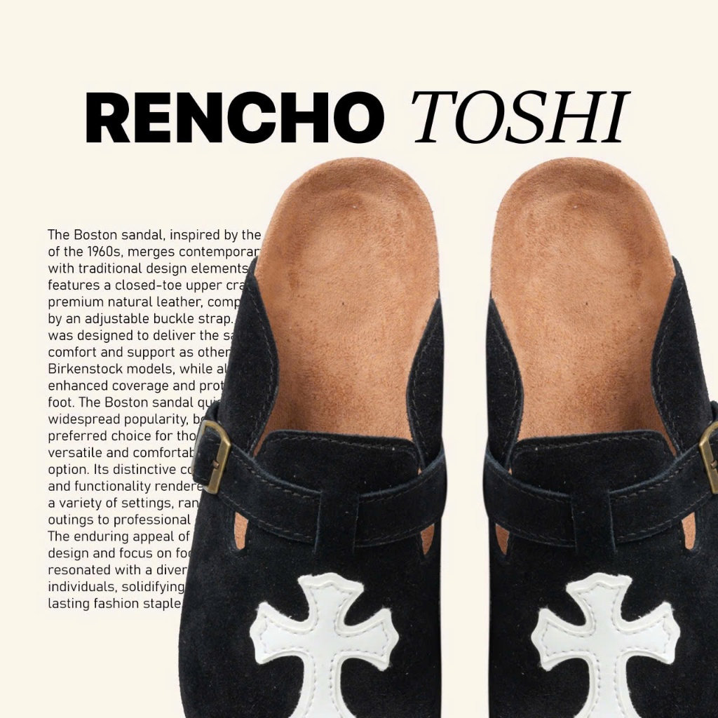  RENCHO TOSHI PREMIUM MÀU ĐEN KHÓA Dép Nam Nữ da bít mũi MULE BOSTON  đế trấu định hình lòng bàn chân 