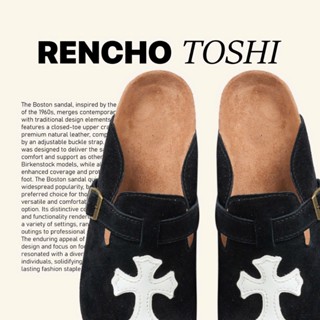 RENCHO TOSHI PREMIUM MÀU ĐEN KHÓA Dép Nam Nữ da bít mũi MULE BOSTON  đế trấu định hình lòng bàn chân