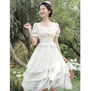 [Sẵn + Hoả tốc] 𝐗𝐢𝐚𝐨𝐥𝐮𝐮 | Đầm nữ tiểu thư màu trắng cổ vuông, có dây thắt eo phần đầm xòe 3 tầng bồng N30