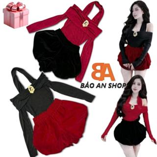 [ SB-278 ] Sét bộ nữ 2 món áo trễ vai dây choàng cổ thun nhũ ôm body phối quần đùi bí chất nhung lưng co dãn