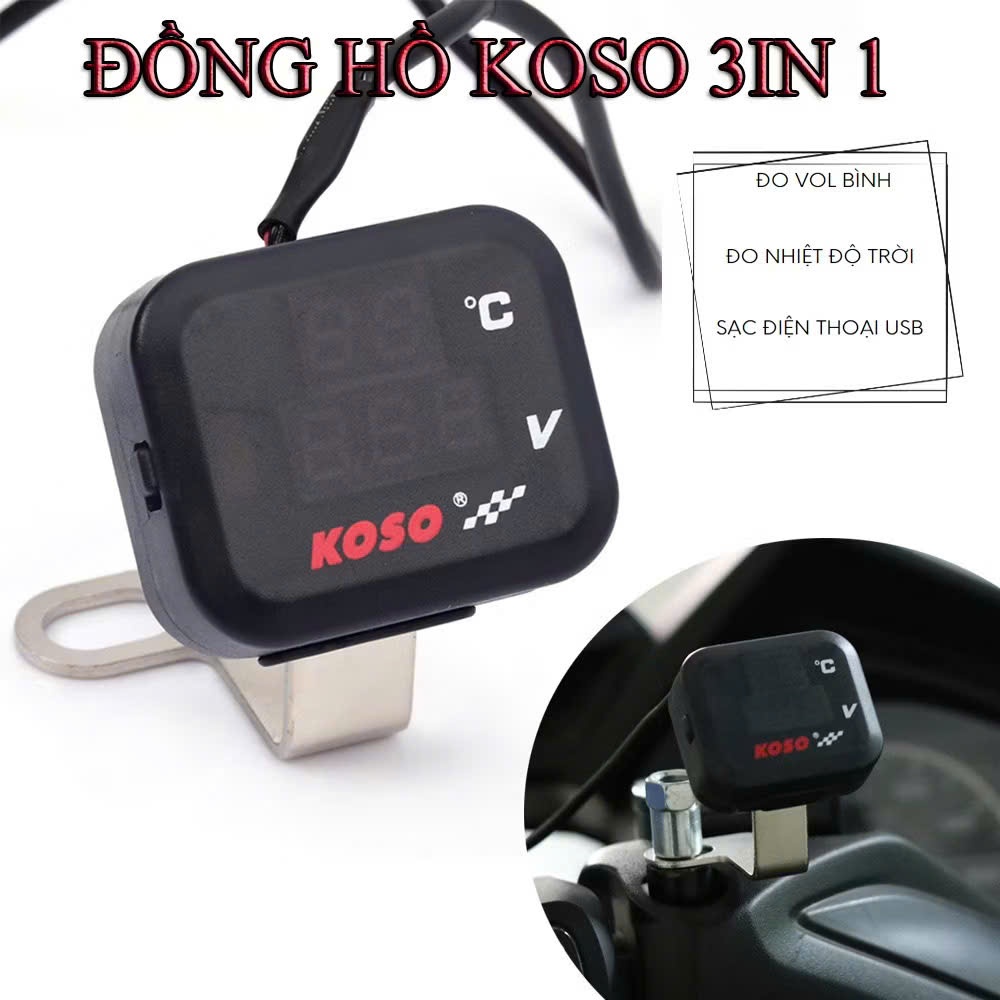 ĐỒNG HỒ KOSO VOL 3 CHỨC NĂNG ĐO VOL, NHIỆT ĐỘ - TÍCH HỢP SẠC ĐIỆN THOẠI- Đồng Hồ Koso Đo Vol Bình 3 Chức Năng BH 1 Năm