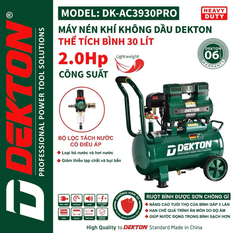 Máy Nén Khí Không Dầu 2HP - 30L Dekton DK-AC3930PRO