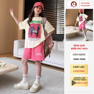 Bộ cộc tay bé gái, đồ bộ cho bé gái mùa hè, quần áo mùa hè cho bé gái mẫu Paris size 18-50kg chất liệu cotton thoáng mát
