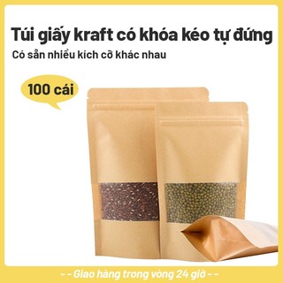   100 cái  Túi zip giấy kraft nâu túi zipper đáy đứng đựng thực phẩm có cửa sổ trong suốt nhiều size 
