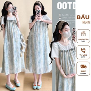 Đầm bầu hottren mùa hè - Váy bầu thiết kế dáng suông dài yếm liền cotton mềm mát mặc đi làm đi chơi X249