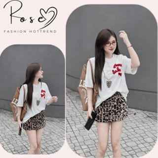 đồ bộ nữ , set đồ nữ áo thun cộc tay thêu chữ đỏ hottrend phối chân váy đốm nâu tây siêu xinh ROSE hcom25338