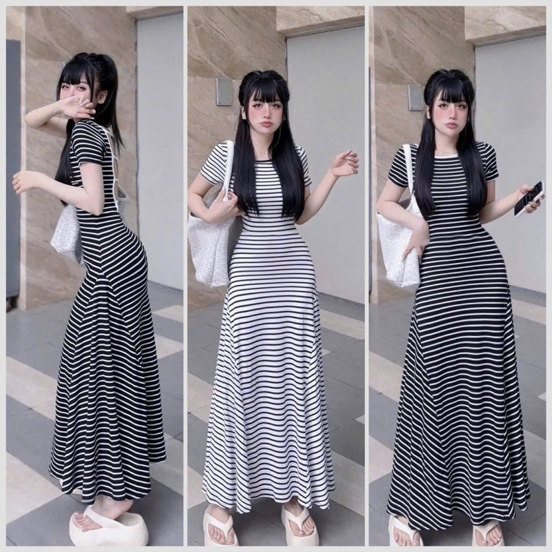 D51 Đầm hở lưng xoè thun gân dệt sọc form dáng tôn dáng freesize