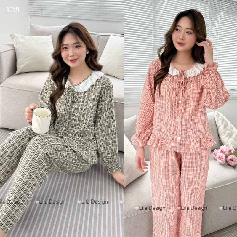 K28 -Đồ bộ mặc nhà kẻ caro nữ LILA cổ tròn dáng dài,có túi,chất thô cotton thấm hút mồ hôi