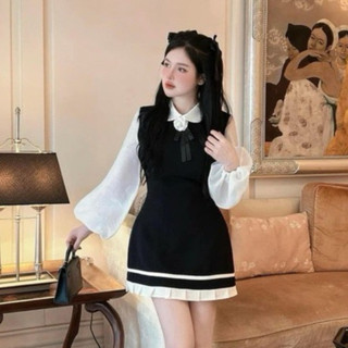 Váy Tiểu Thư Tay Bồng Cổ Sen Kèm  Tag Hoa Xinh Xăn Dáng Xoè Style Nhẹ Nhàng Dễ Mặc