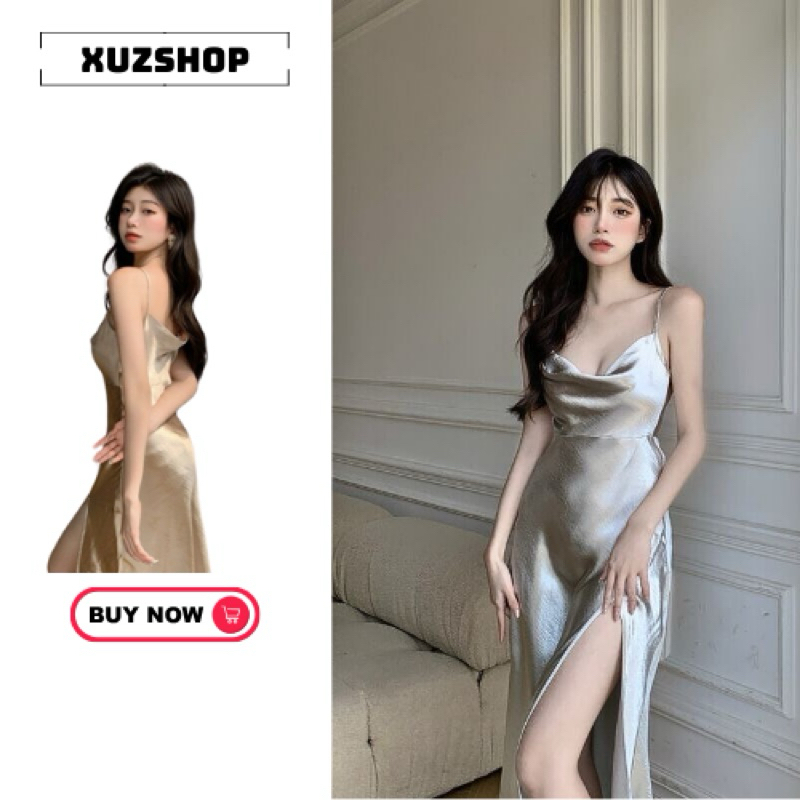 Đầm 2 Dây Vải Phi Lụa Bóng Xẻ Đùi Quyến Rũ