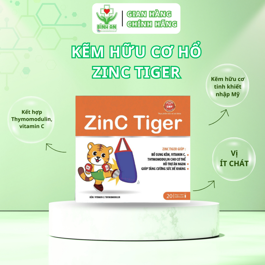 Kẽm Hổ Tiger ZinC - Siro kẽm hữu cơ tinh khiết giúp ăn ngon, tăng đề kháng - Hộp 20 ống - NT Bình An