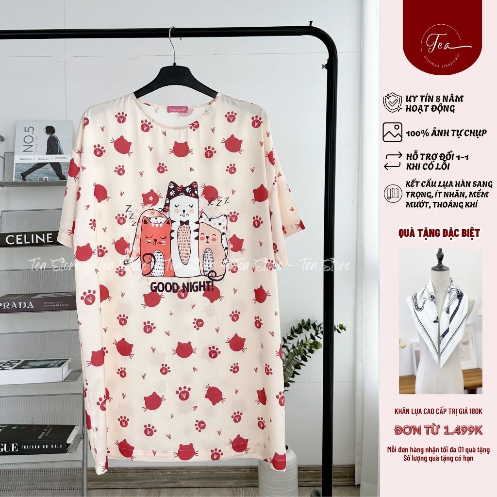 Váy lụa hàn cổ tròn TEA cao cấp freesize Mèo goodnight