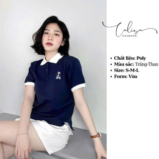 Áo polo nữ Calisa áo phông nữ có cổ thêu gấu R 2 màu than-trắng chất poly cá sấu thoáng mát