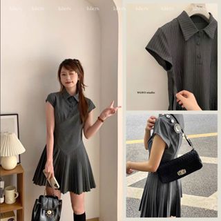 【WGWE Váy cổ polo kẻ sọc tay ngắn xếp ly chuẩn tag wg we mã 3654