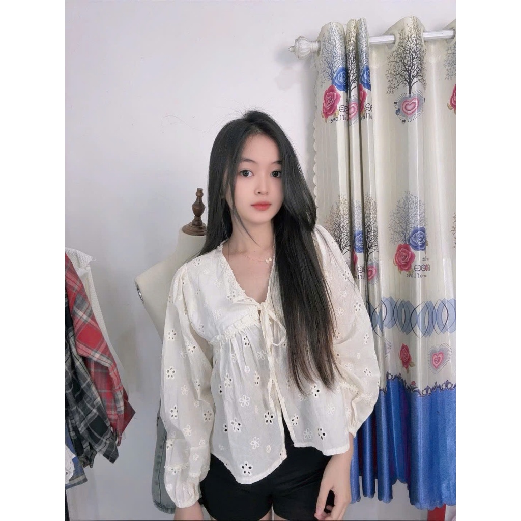 Áo babydoll phối ren hoa mai cài cúc xinh xỉu