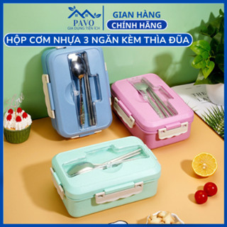 Hộp Cơm Lúa Mạch 3 Ngăn Có Kèm Thìa Đũa, Camen Đựng Cơm 3 Ngăn Mang Đi Làm SP000666