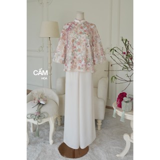 JOIE DES ROSES - Set áo cách tân kim sa hai lớp cổ tàu Áo Cẩm và quần dài ống rộng Quần Sam