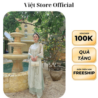 Áo dài cách tân nữ KÈM QUẦN 4 tà thiết kế thêu hoa phối tay bồng cánh tiên vải tơ mềm cao cấp - Việt Store