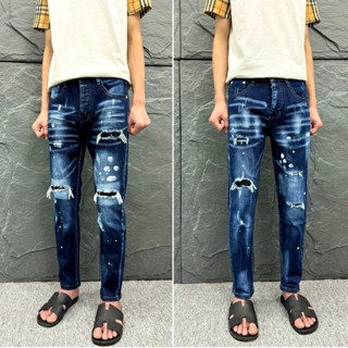  Quần jean đê quy xanh bản rách xù vá lót may vảy sơn to tangg hồng host 