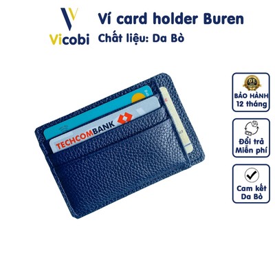 Ví đựng thẻ card holder da bò Vicobi màu xanh dương, bóp mini nhỏ gọn Buren M2