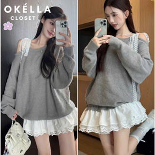   HÀNG SẴN  Set Đồ Nữ Áo Len Lệch Vai mix Chân Váy Viền Ren Set váy hot girl siêu xinh Okélla  kèm quần  