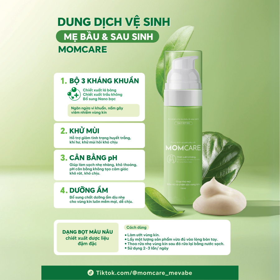 MOMCARE-Dung dịch vệ sinh cho mẹ bầu từ thiên nhiên lá bàng, lá trầu không giảm viêm, hôi, ngứa 150ml
