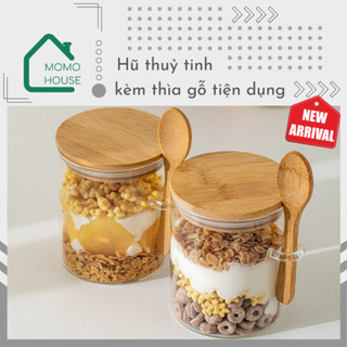 Hũ Thuỷ Tinh Kèm Thìa Gỗ Đựng Gia Vị, Thực Phẩm Khô, Lọ Thuỷ Tinh Nắp Gỗ Kín Đựng Bột Canh, Muối, Bột Ngọt MoMo