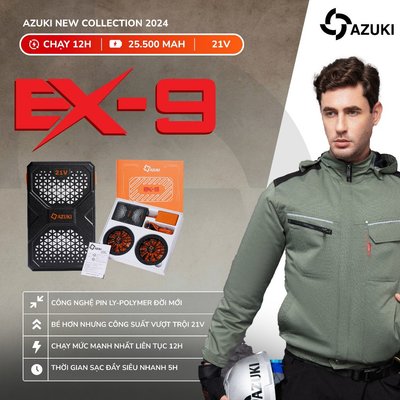 Áo Quạt Điều Hòa AZUKI EX-9 Thế Hệ Mới Nhất 2025, Quạt 21V. Pin Siêu Nhẹ 25.500 mah,Chạy Liên Tục Mức Mạnh Nhất 12 Tiếng