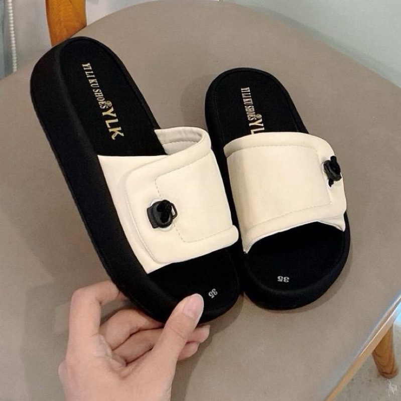 Dép Nữ quai xé dán có nút tròn xinh xắn cao 3cm mũi tròn hàng may sẵn nhẹ chân