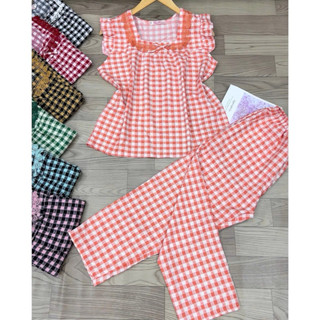 T52 (40-75kg) SET ĐỒ BỘ QUẦN 9 TẤC CÓ TÚI LỤA 100D PHỐI REN SỌC CARO MẶC NHÀ DỄ THƯƠNG