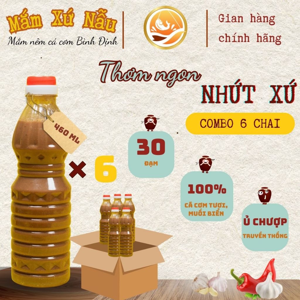 Combo 6 chai nước mắm nêm cá cơm xay - 460 ml - Nước mắm cá cơm truyền thống Bình Định