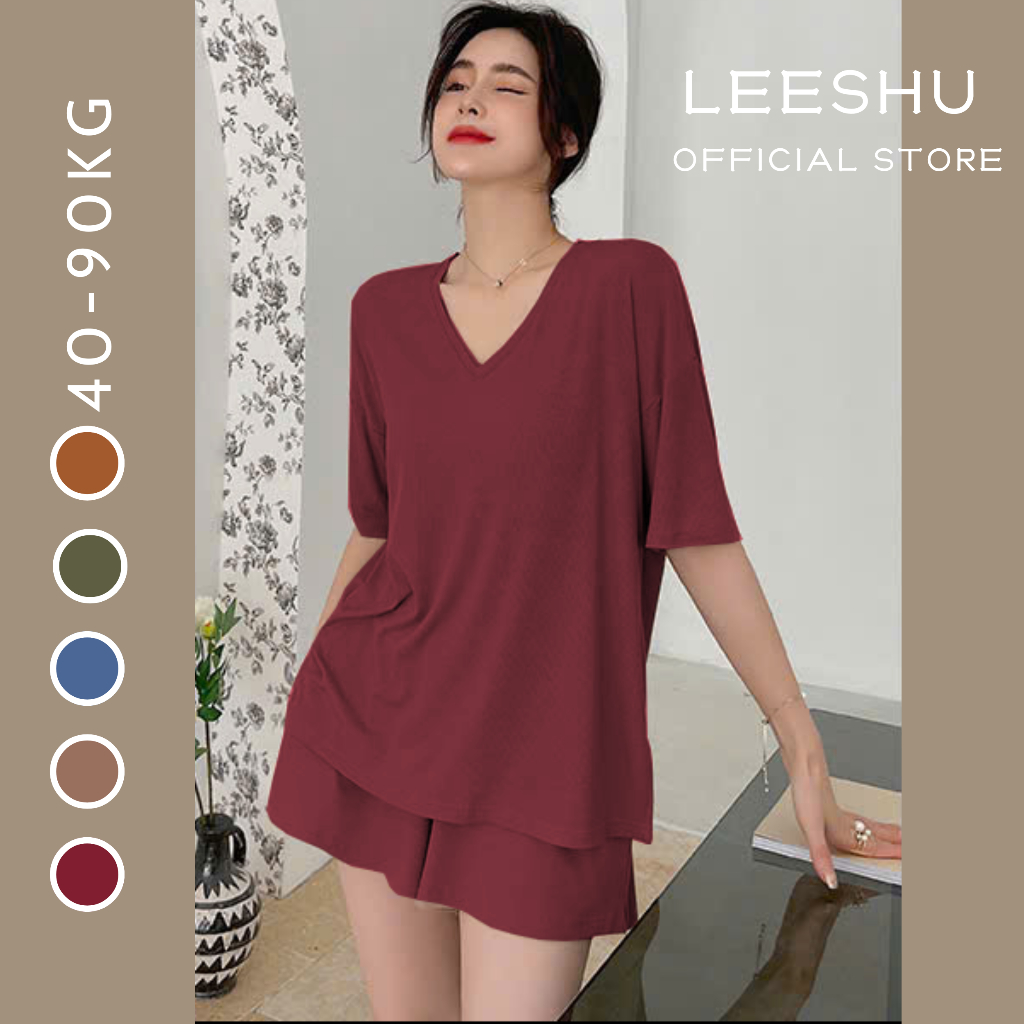 Bộ mặc nhà nữ cổ tim có Bigsize vải cotton lụa siêu mát❤Leeshu❤bộ đồ ngủ cổ tim mềm mát đi tập co giãn form rộng xẻ tà