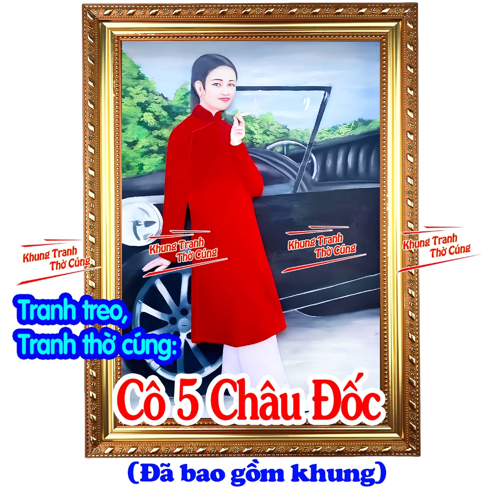 Tranh Cô 5 châu đốc áo đỏ + gồm Khung + ép plastic đầy đủ kích thước