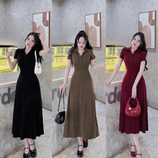 ĐẦM THỜI TRANG NỮ CHẤT THUN TĂM CỔ TRỤ ĐÍNH NÚT TAY NGẮN DÁNG DÀI XÒE MẶC TÔN DÁNG CHUẨN FOM