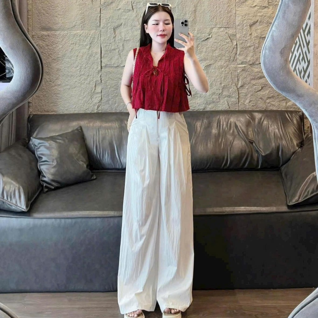 Combo Set Bộ Đồ Nữ Quần Dài Ống Rộng Suông , Phối Áo Kiểu Croptop Lửng Chất Đũi Vân Mây Mặc Mát Teen