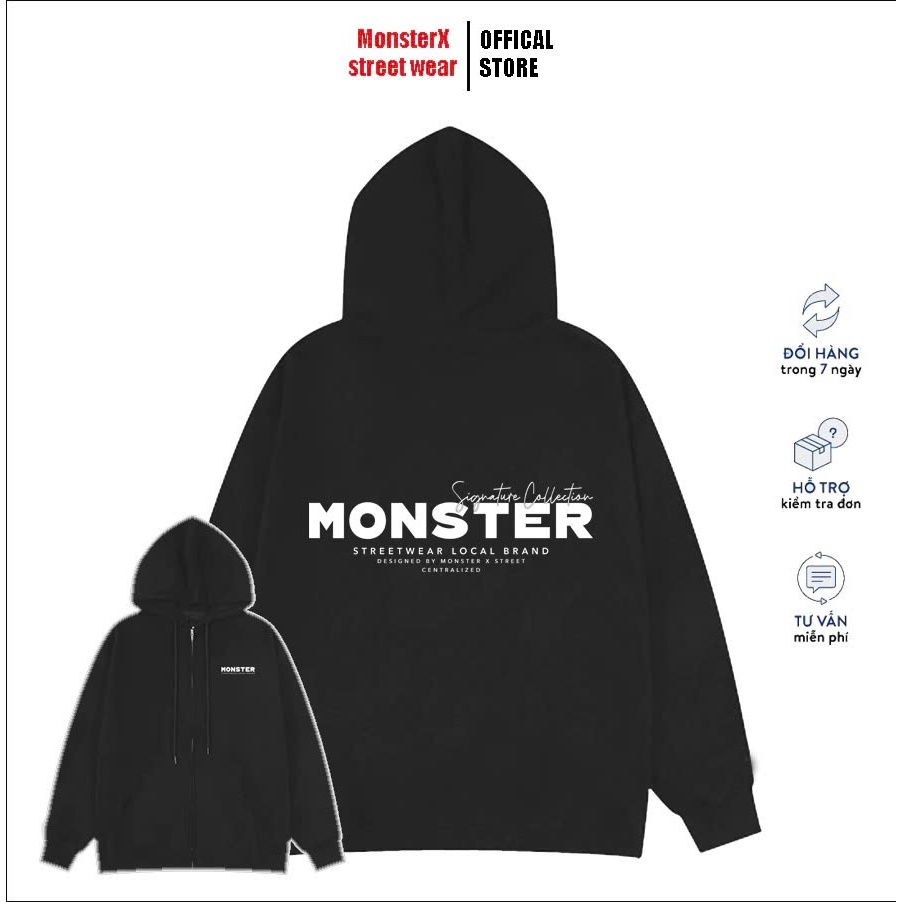 Áo Hoodie/hoodie Zip Monster-Signature Khoác Nỉ Mũ Kéo Khóa MONSTER X STREET Basic Nỉ Bông Cotton na