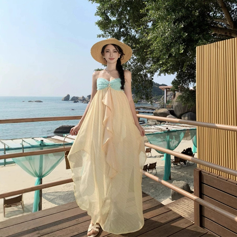 Đầm maxi 2 dây tiên cá, thiết kế áo xanh, form babydoll dễ thương, hở lưng