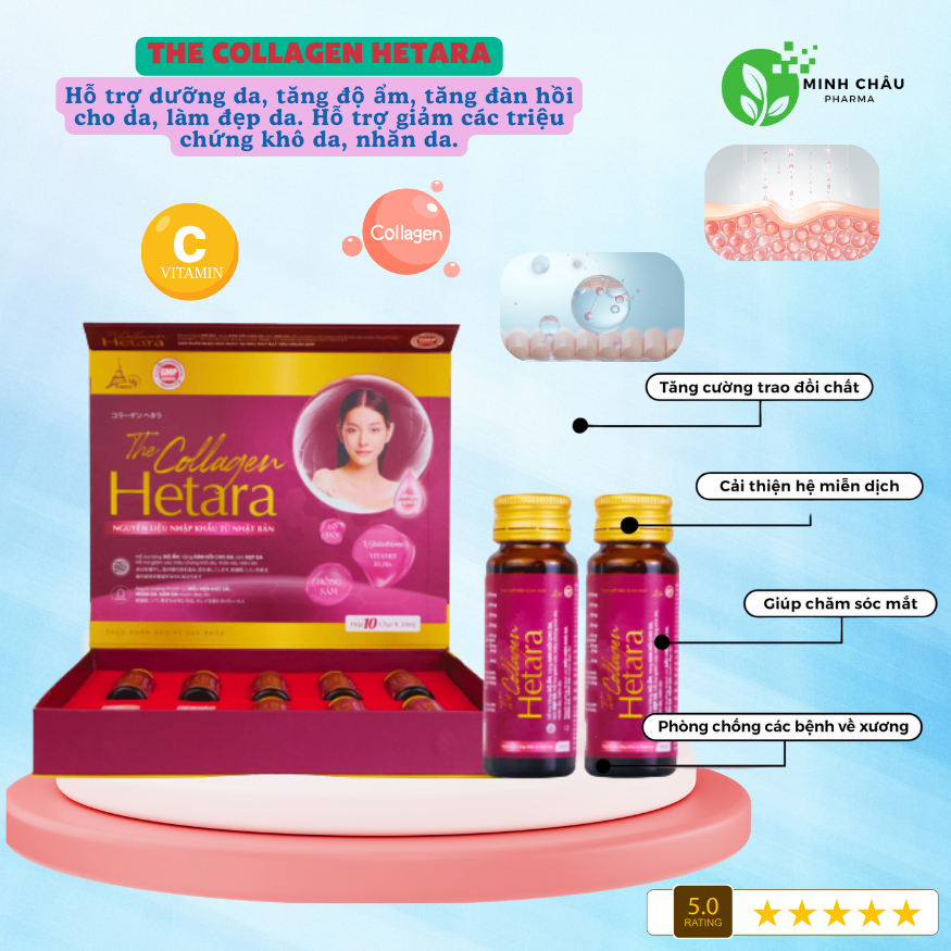 The Collagen HETARA Hỗ trợ dưỡng da tăng độ ẩm, tăng đàn hồi làm đẹp da dạng nước. hộp 10 chai