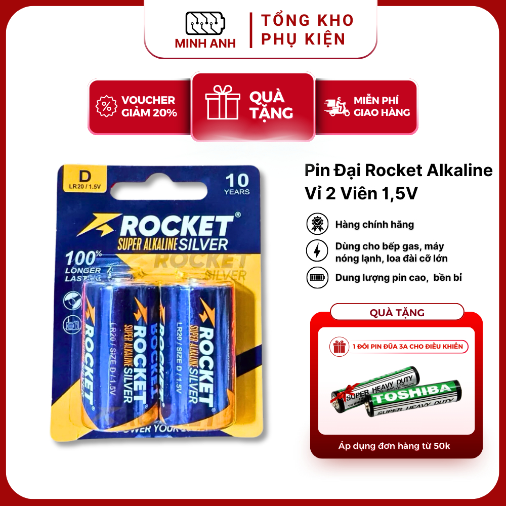 [ Rocket ] Pin Đại Rocket Alkaline Vỉ 2 Viên Cao Cấp LR20T/2B Xuất Xứ Hàn - Chính Hãng