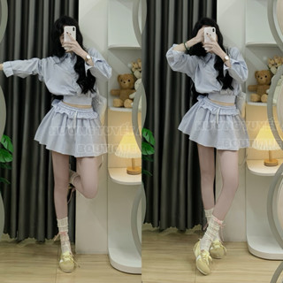 [ ẢNH THẬT BY HTA ] Set đồ nữ cá tính áo sơ mi tay dài croptop mix chân váy cạp thấp viền bèo dây eo