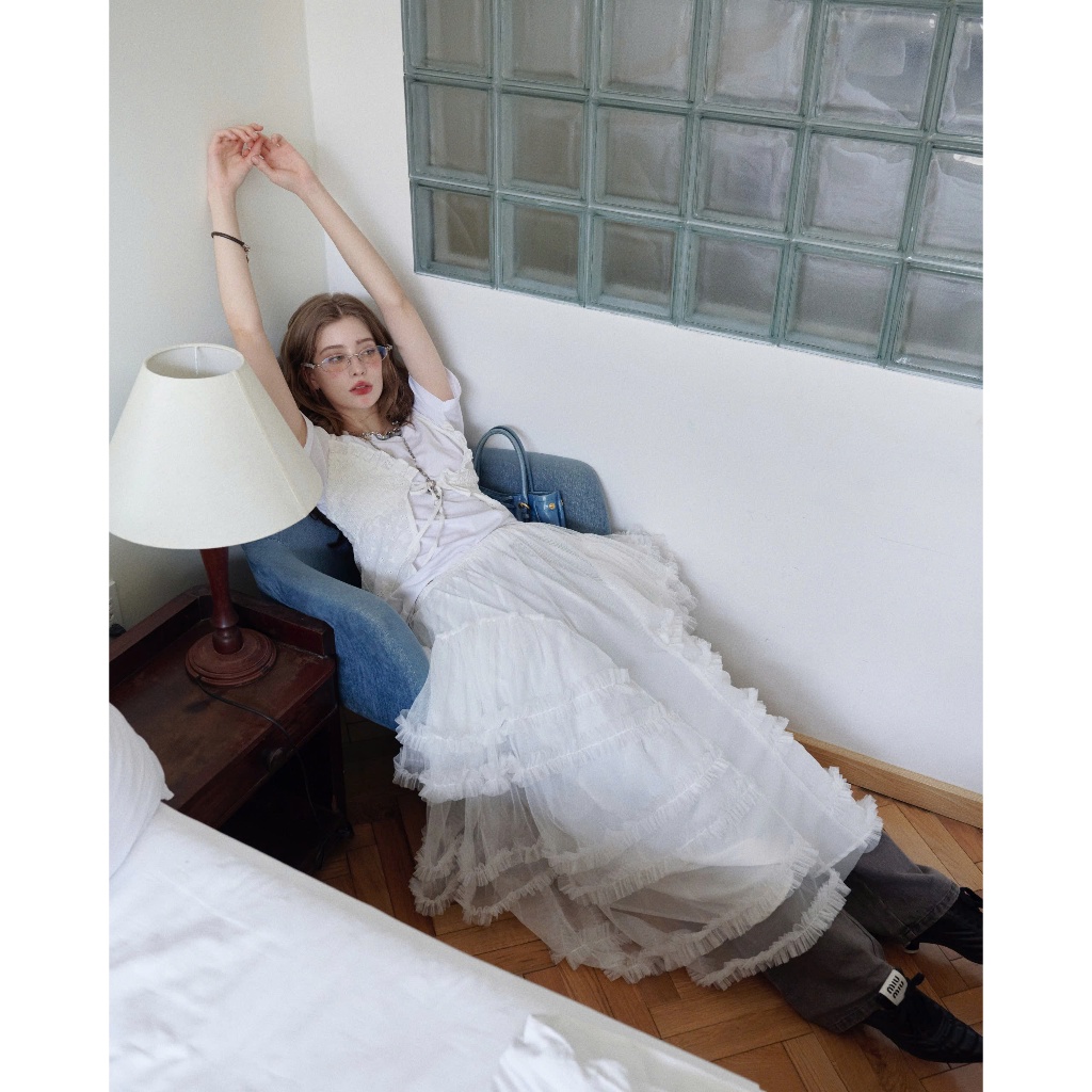 Claire Skirt - Remmus | Chân váy dài xếp tầng ren trắng dáng xoè cho nữ