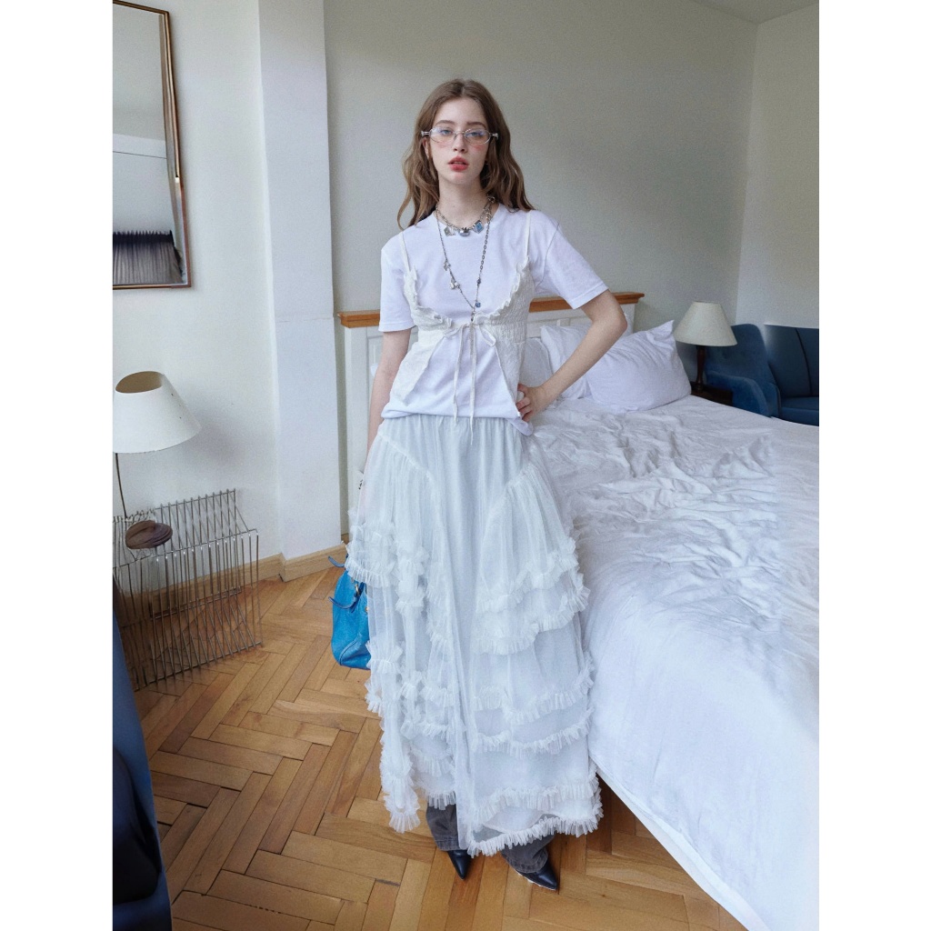 Claire Skirt - Remmus | Chân váy dài xếp tầng ren trắng dáng xoè cho nữ