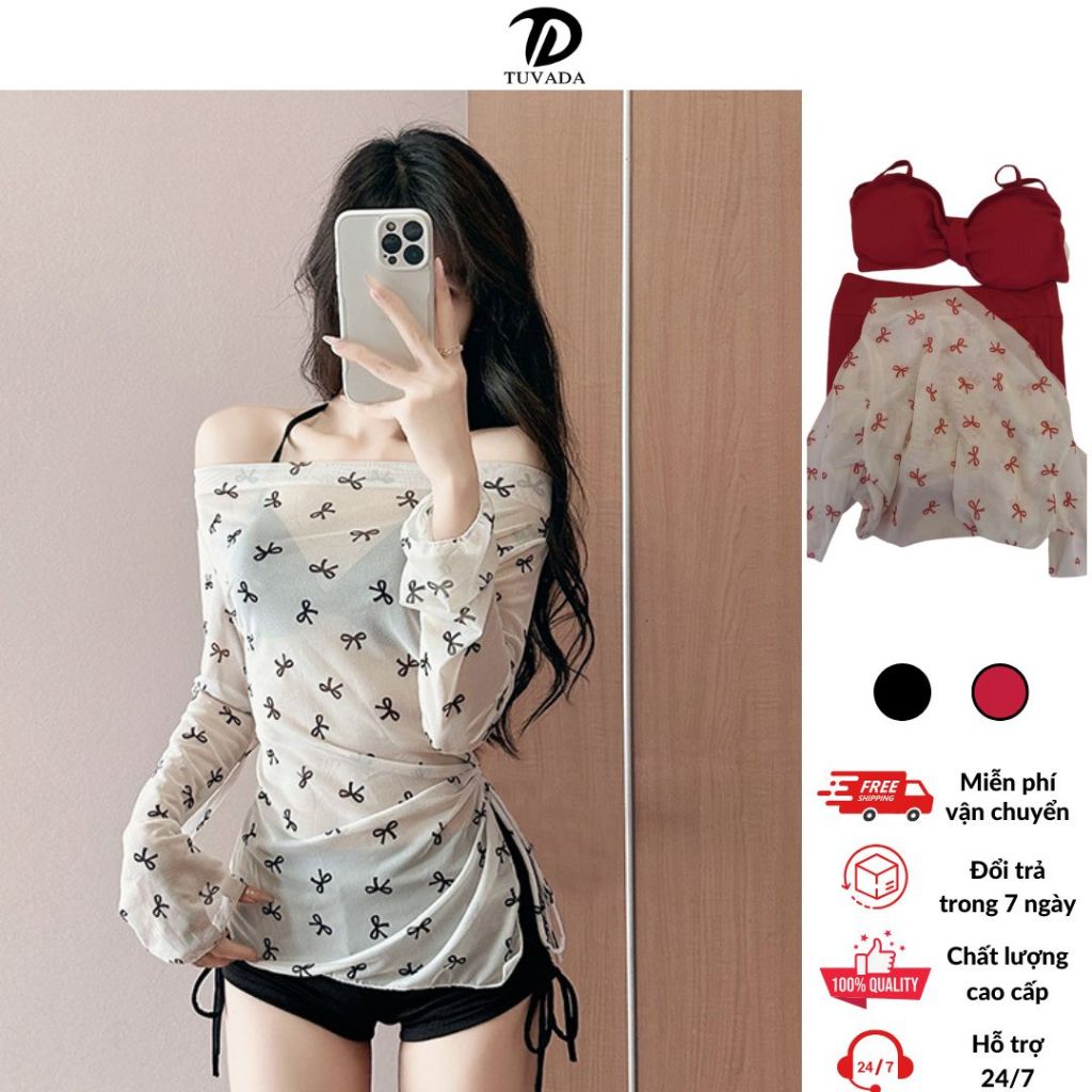 Set đồ bơi nữ họa tiết Tuvada xinh xắn, bikini 2 mảnh kèm áo choàng, bộ đồ đi biển bigsize - BND36