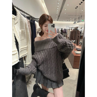  Áo Len Kiểu Bánh Bèo Lệch Vai Dáng Rộng   Form 45-56kg  Mùa Đông 2025 Màu Xám Đậm Trendy AL22 