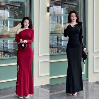 Đầm Body Dáng Dài Lệch Một Vai Tay Rớt Phối Hoa Dây Tua Rua Rời Mặc Được Nhiều Kiểu Chất Thun Gân Tăm Đầm Đi Tiệc HK